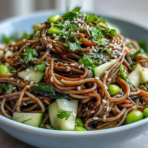 Chilled Soba Noodle Bowl with crisp veggies, edamame, and toasted sesame seeds for a nutritious meal.