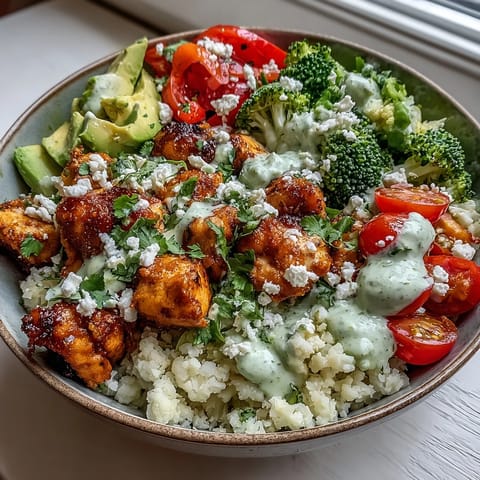 Freshly prepared Cauliflower Rice Bowl with tender chicken, vibrant broccoli, and avocado slices ready to enjoy.