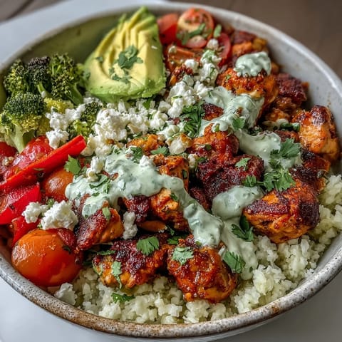 Colorful Cauliflower Rice Bowl featuring juicy cherry tomatoes, crisp veggies, and a creamy avocado topping.