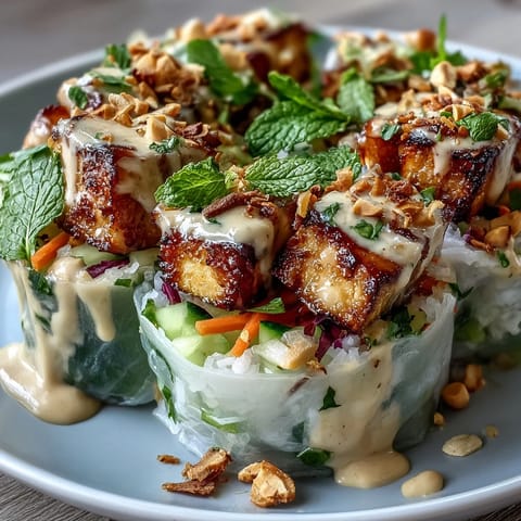 Colorful Rice Paper Roll Bowl filled with jasmine rice, shredded cabbage, fresh herbs, shrimp, and roasted peanuts, drizzled with tangy peanut lime dressing.