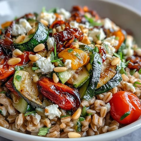 Zesty Farro Pasta Bowl with vibrant bell peppers, zucchini, tomatoes, and fresh parsley for a Mediterranean dinner.