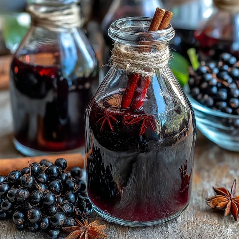 A jar of Homemade Spiced Blackcurrant Vodka Liqueur with fresh blackcurrants and star anise, ready for infusion.