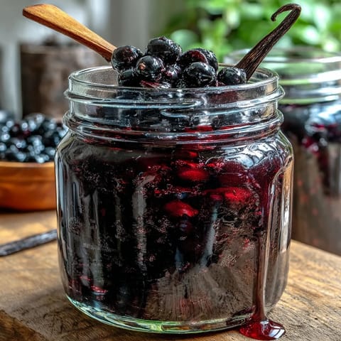 Glass jar of homemade Crème de Cassis liqueur with fresh blackcurrants, sugar, and vodka ready for infusion.