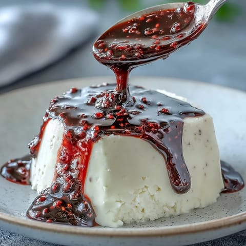 A glossy, vibrant black currant sauce drizzled over creamy cheesecake, bursting with tangy-sweet berry flavor.