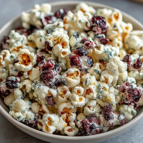 Gourmet black currant cheesecake kettle corn with tangy berry and creamy notes, drizzled with vanilla glaze.  