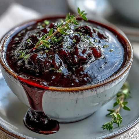 Glossy black currant glaze drizzled over roasted ham, with deep purple hues and a tangy-sweet aroma.