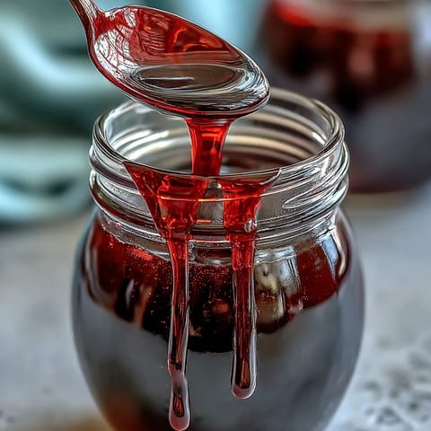 1. Vibrant black currant syrup in a glass bottle, perfect for cocktails and desserts.  