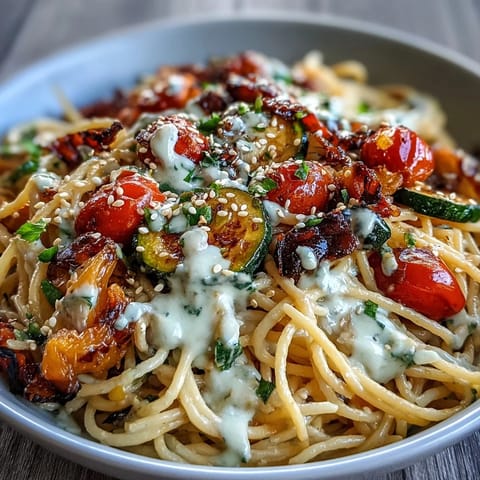 Creamy chickpea pasta bowl with roasted zucchini, bell peppers, and tahini sauce, garnished with parsley and sesame seeds.  