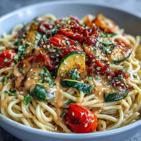Colorful Mediterranean-inspired chickpea pasta bowl featuring caramelized vegetables and a silky lemon-tahini drizzle.  
