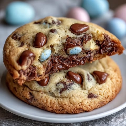 Soft, chewy Cadbury Mini Egg Easter chocolate chip cookies with colorful candy-coated eggs and rich chocolate chips.