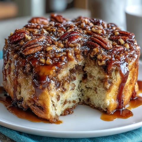 A fluffy, golden-baked pancake casserole topped with warm maple syrup and a sprinkle of chopped pecans.