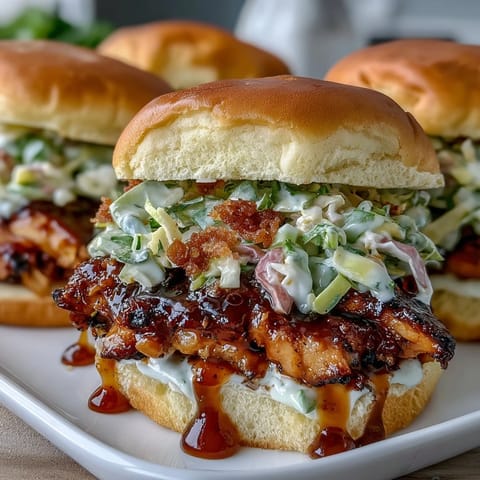Tender pulled BBQ chicken piled high on slider buns with tangy coleslaw, ideal for summer parties and festive gatherings.  