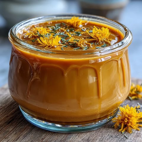 A jar of golden dandelion jelly, spread on warm buttered toast with a spoon.