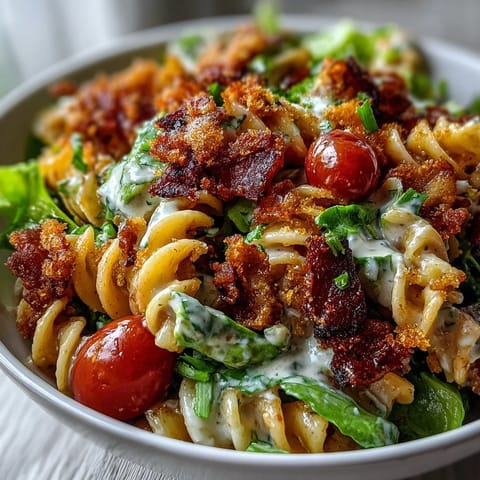 A vibrant BLT pasta salad with crispy bacon, creamy avocado, and fresh cherry tomatoes, perfect for summer gatherings.