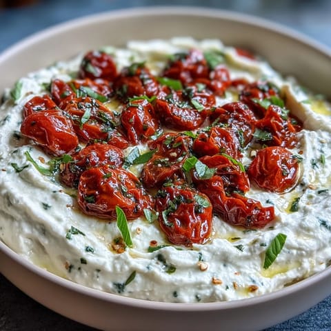 Creamy whipped feta dip with roasted cherry tomatoes, garnished with fresh basil and olive oil.  