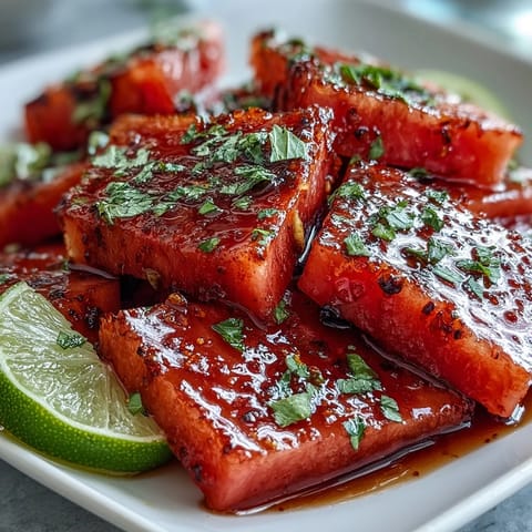 A colorful plate of watermelon slices topped with Tajin seasoning and lime wedges for a zesty, refreshing snack.
