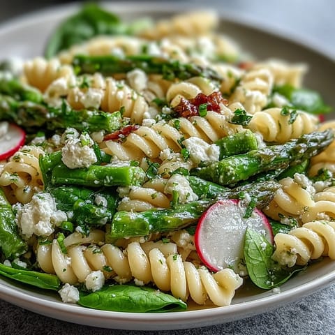 Fresh spring pasta salad with lemon vinaigrette, crisp radishes, and tender asparagus—vibrant and perfect for picnics.