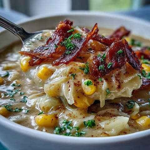 A steaming bowl of cabbage corn chowder, rich with tender cabbage, sweet corn, and smoky bacon bits.  