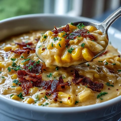 Hearty cabbage corn chowder served in a rustic bowl, garnished with crispy bacon and fresh parsley.  
