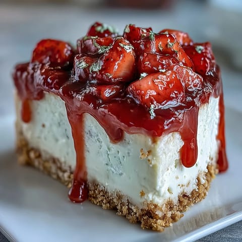 No-bake strawberry cheesecake with a buttery graham cracker crust and fresh strawberry topping.