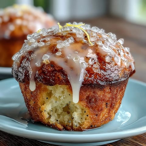 Golden Lemon Poppy Seed Muffins topped with sparkling sugar and drizzled with zesty lemon glaze.