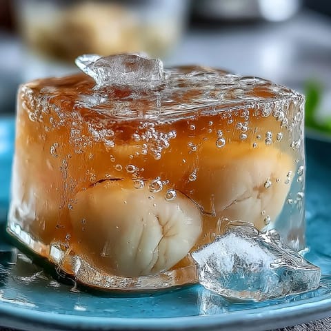 Translucent lychee agar jelly cubes served over chilled sparkling yuzu water, garnished with fresh mint for a light summer treat.