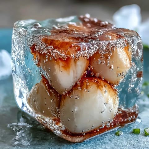 Delicate lychee agar jelly cubes in sparkling yuzu water, a refreshing vegan dessert with floral and citrus notes.