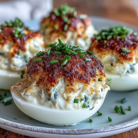 Golden deviled eggs topped with lump crab meat and a dusting of zesty Old Bay.  