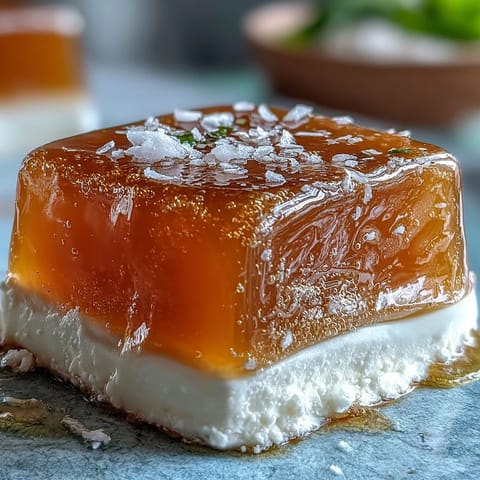 A vibrant plate of mango agar-agar jelly cubes topped with silky coconut milk, perfect for a light vegan dessert.