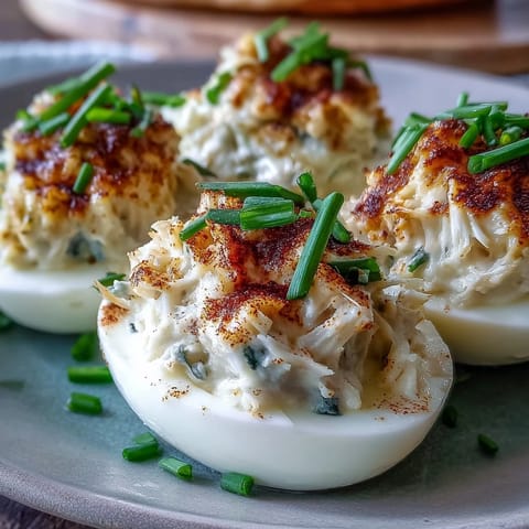 A platter of deviled eggs filled with creamy crab and sprinkled with Old Bay seasoning.  