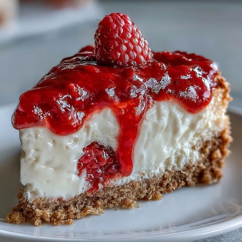 Creamy no-bake cheesecake with buttery biscuit crust and vibrant raspberry coulis, perfect for a special Mother's Day dessert.  