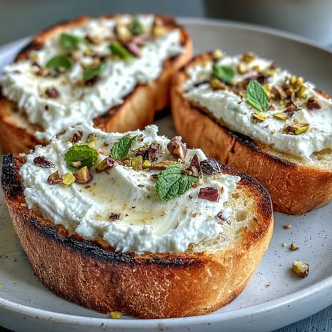 Whipped ricotta bruschetta with honey and pistachios on toasted baguette, perfect for elegant appetizers.