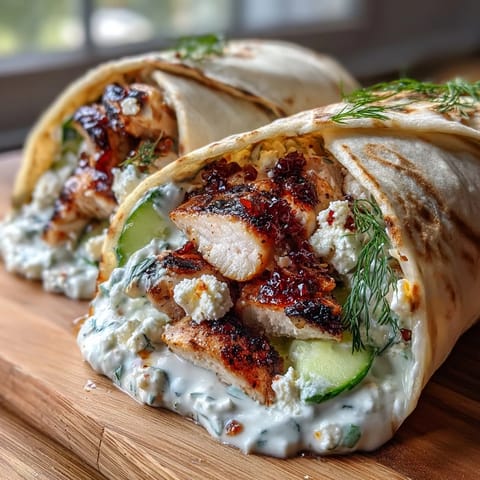 Tzatziki Chicken Wraps featuring juicy grilled chicken, cool cucumber, and creamy sauce.
