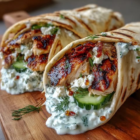 Delicious Tzatziki Chicken Wraps plated beautifully with crumbled feta cheese and fresh vegetables.