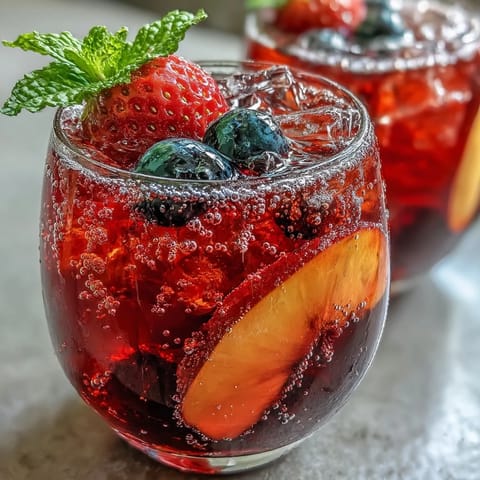 Summer Sangria Mocktail with peach and berries, served in glasses with fruit.