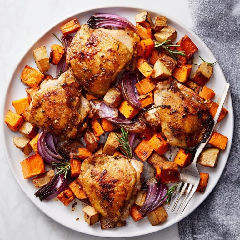 Crisp-skinned Honey-Glazed Chicken with colorful, earthy root vegetables, roasted to perfection on a sheet pan.