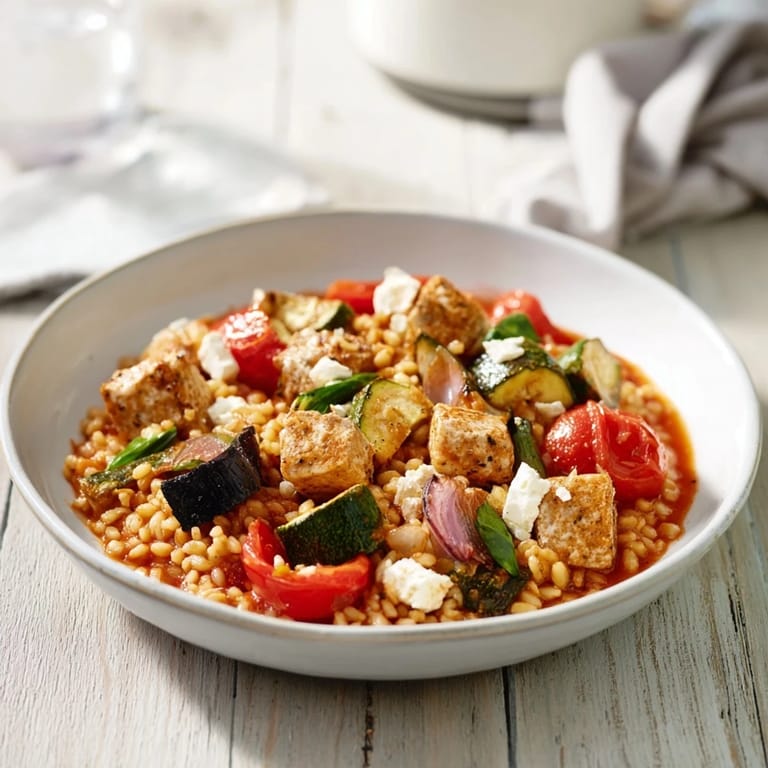 This rich Smoky Mediterranean Lamb and Orzo Supper showcases the tender lamb and fluffy orzo, garnished with feta.