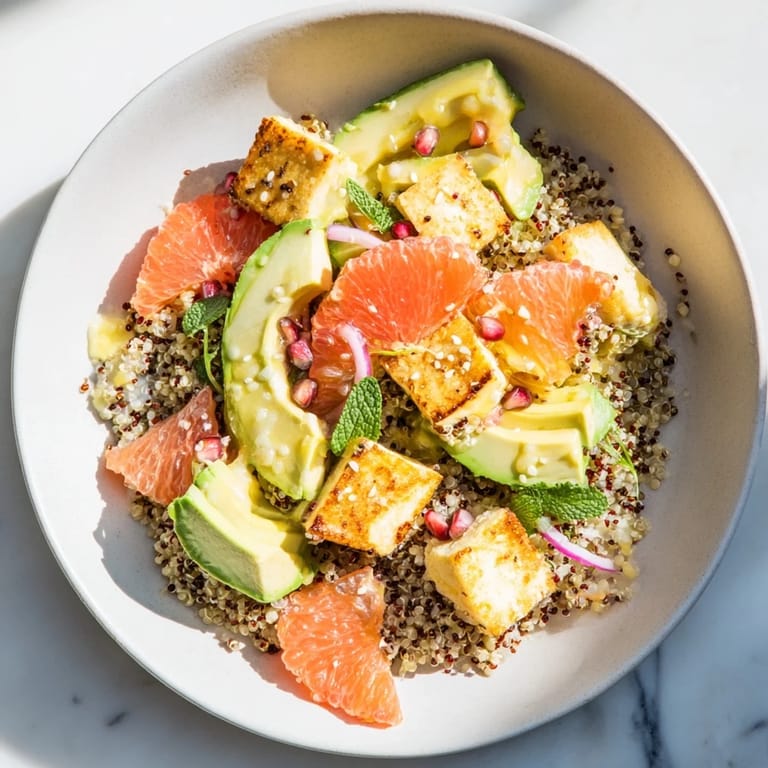 A colorful Fresh Citrus & Avocado Quinoa Bowl features quinoa topped with fresh herbs and juicy citrus.