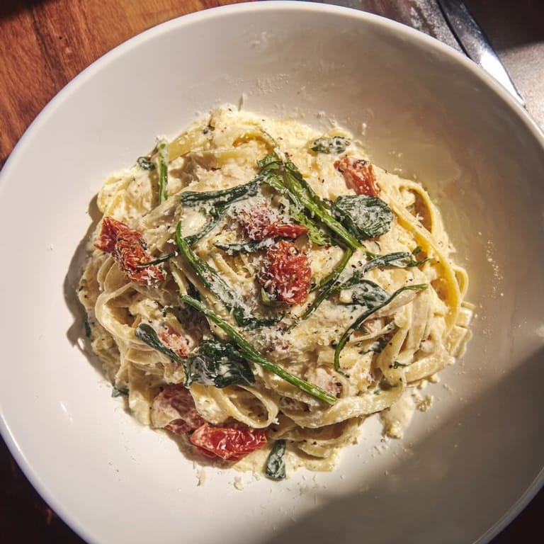 This comforting bowl of One-Pot Creamy Tuscan Garlic Herb Pasta showcases a creamy, herb-infused, vegetarian delight.