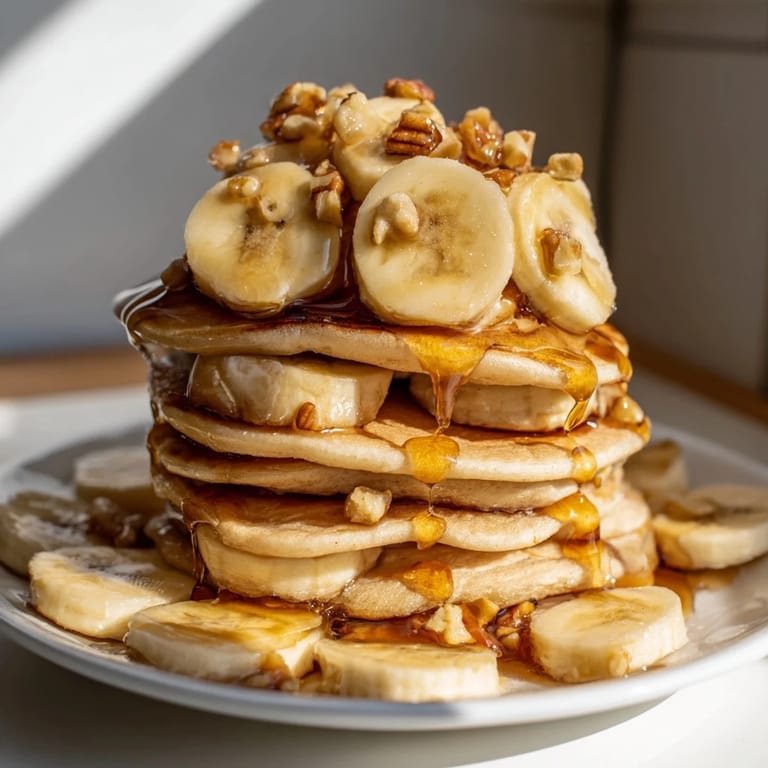 A stack of fluffy Weekend Golden-Brunch Banana Pancakes with sliced bananas, ready to be enjoyed with a fork.
