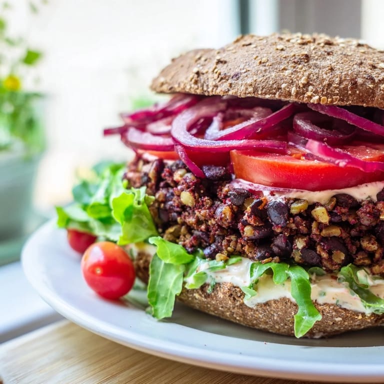 This photo features perfectly assembled zesty black bean burgers with creamy slices of fresh avocado.