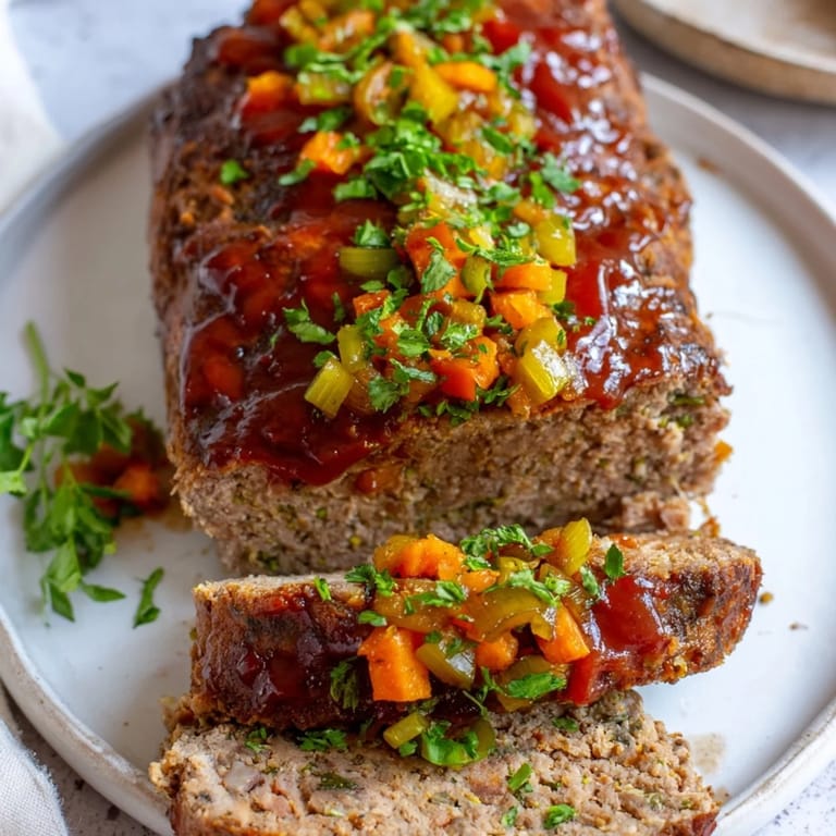 Fresh herbs dot the cooked Everyday Herb-Sprigged Turkey Meatloaf, a savory comfort food favorite.