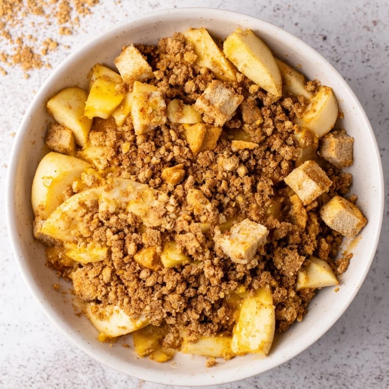 Enjoy a warm spoonful of homemade Warm Rustic Apple and Cinnamon Crumble, smelling of cinnamon and baked apples.