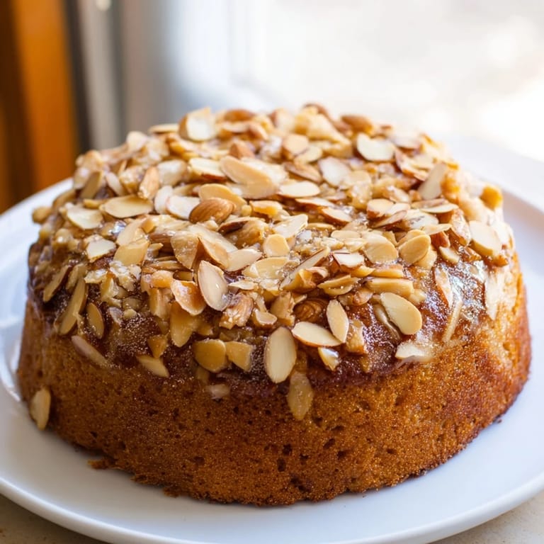 Glistening plums top the golden crust of this delicious Soft Sweet Plum-Infused Almond Cake, ready to serve.