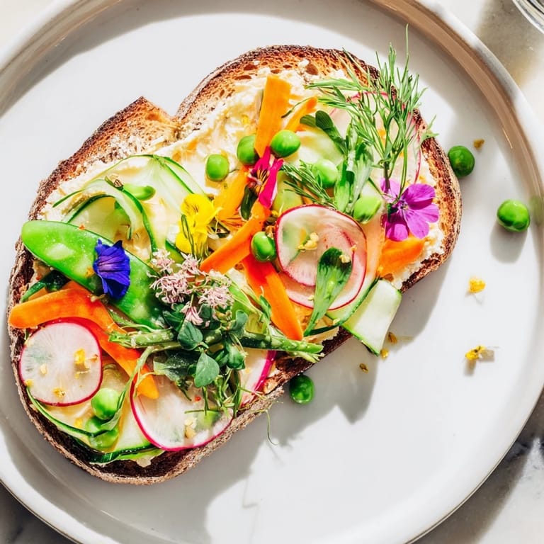 Vibrant Fresh Meadow-Inspired Garden Vegetable Tartines, featuring crisp veggies and a delicious herbed cheese spread.