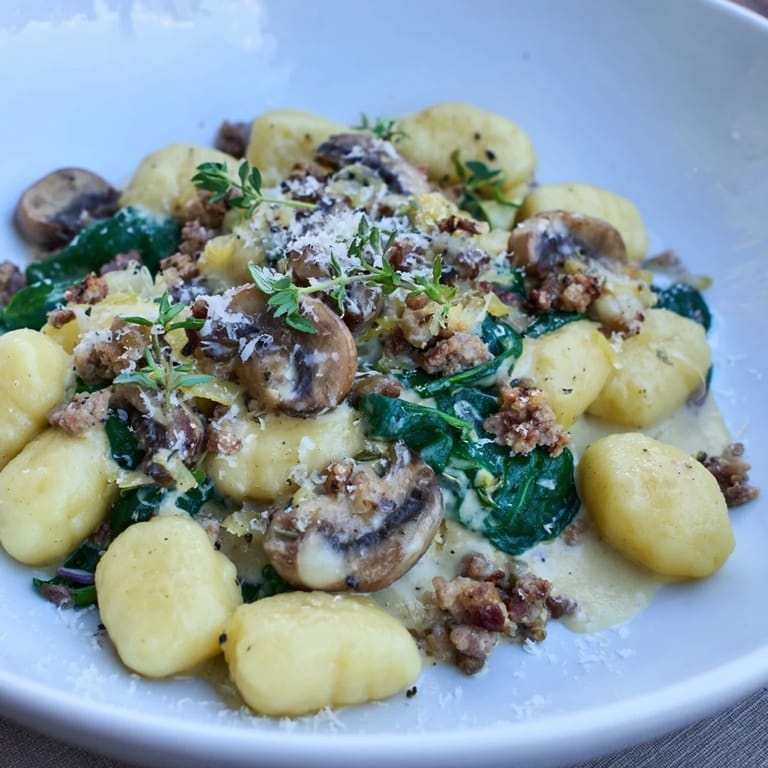 Tender gnocchi in a rich sauce: the delicious Woodsy Skillet Sausage and Mushroom Gnocchi dinner recipe.