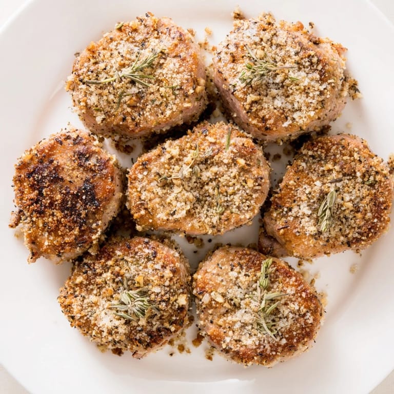 A close-up of beautifully browned Thyme and Pecan Crusted Pork Tenderloin, perfect for a gluten-free dinner.