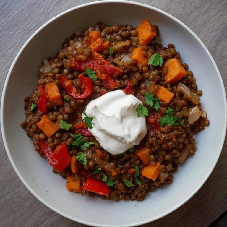 A close-up view of a flavorful bowl of Wheat-Warm Hearty Lentil Curry, perfect for a cozy dinner.