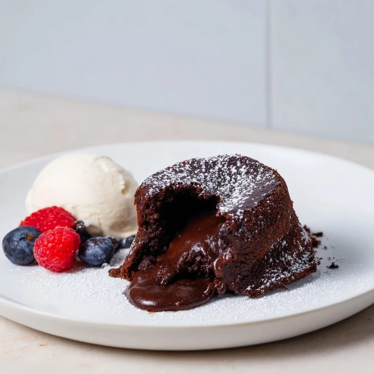 A close-up of gooey dark chocolate lava cakes, dusted with powdered sugar, ready for a delicious bite.