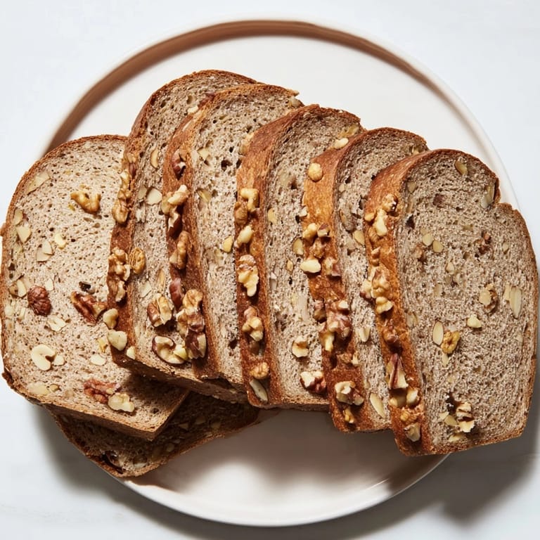 A close-up of a sliced Nutty Whole Wheat Loaf Bread, showing the airy texture and nut pieces.